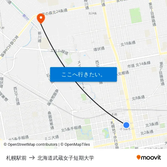 札幌駅前 to 北海道武蔵女子短期大学 map