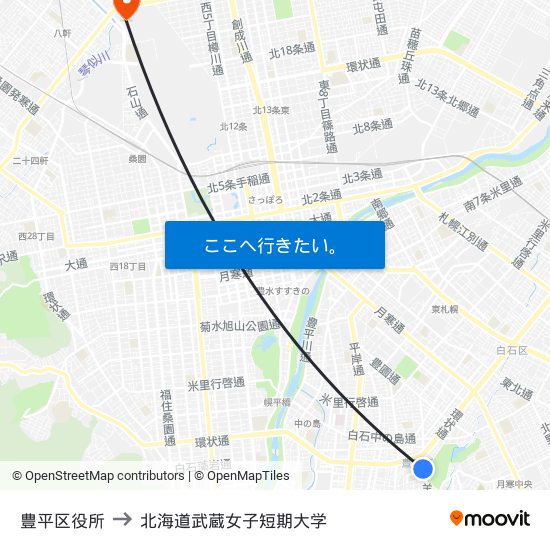 豊平区役所 to 北海道武蔵女子短期大学 map