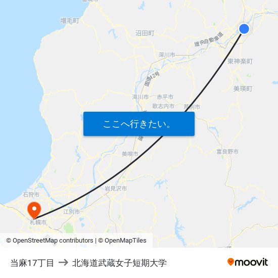 当麻17丁目 to 北海道武蔵女子短期大学 map