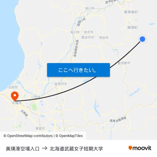 美瑛滑空場入口 to 北海道武蔵女子短期大学 map