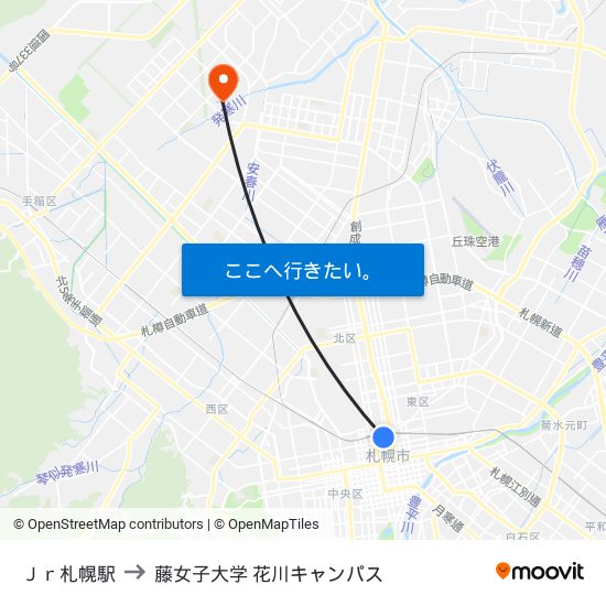 Ｊｒ札幌駅 to 藤女子大学 花川キャンパス map