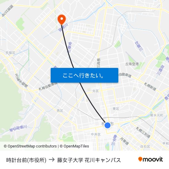 時計台前(市役所) to 藤女子大学 花川キャンパス map