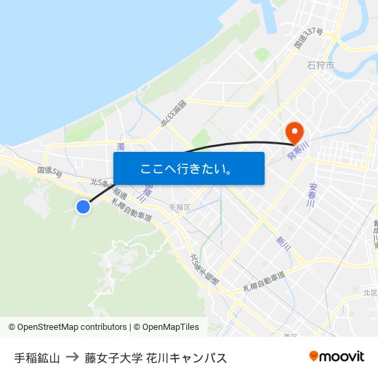 手稲鉱山 to 藤女子大学 花川キャンパス map