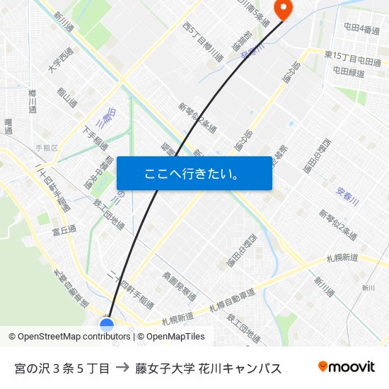 宮の沢３条５丁目 to 藤女子大学 花川キャンパス map