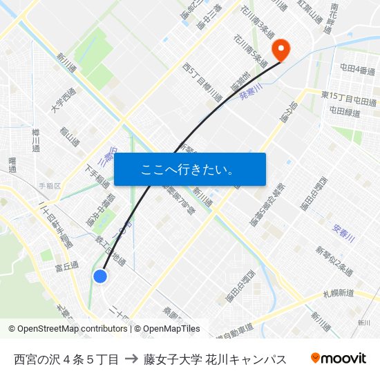 西宮の沢４条５丁目 to 藤女子大学 花川キャンパス map