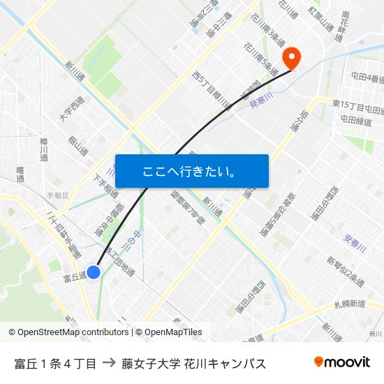 富丘１条４丁目 to 藤女子大学 花川キャンパス map