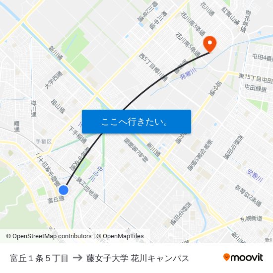 富丘１条５丁目 to 藤女子大学 花川キャンパス map