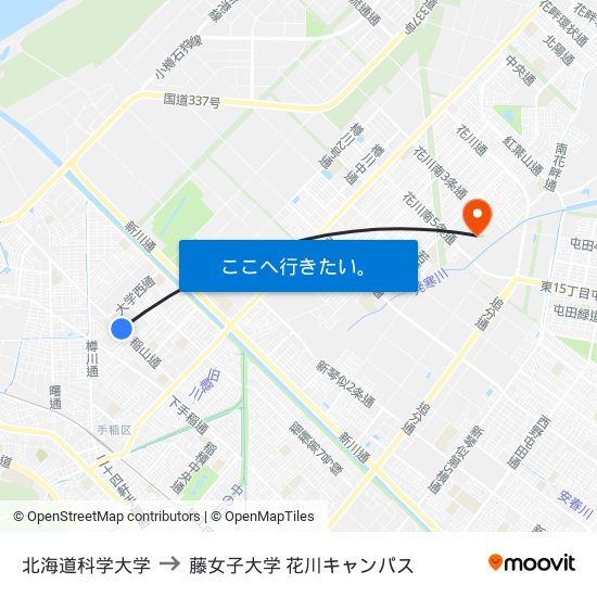 北海道科学大学 to 藤女子大学 花川キャンパス map