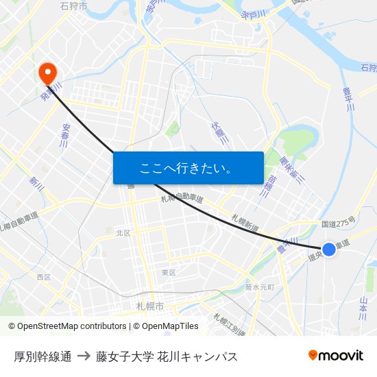 厚別幹線通 to 藤女子大学 花川キャンパス map