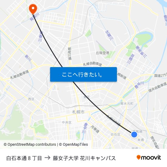 白石本通８丁目 to 藤女子大学 花川キャンパス map