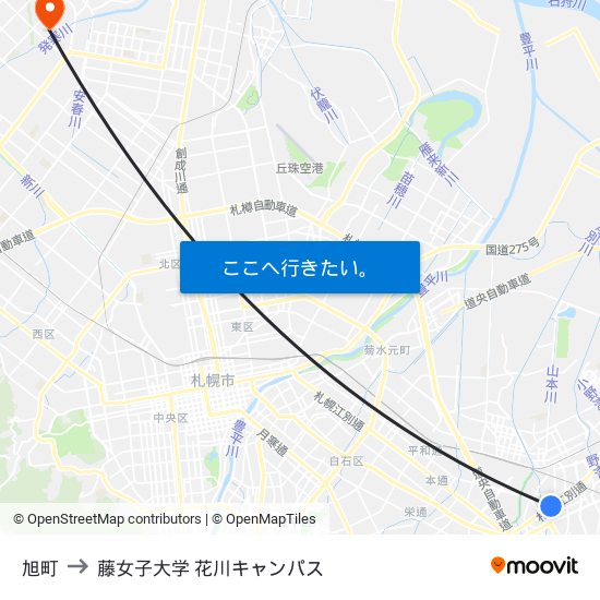 旭町 to 藤女子大学 花川キャンパス map