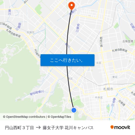 円山西町３丁目 to 藤女子大学 花川キャンパス map