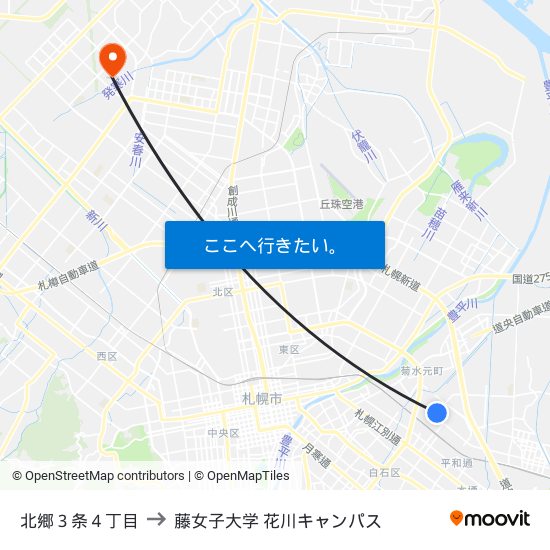 北郷３条４丁目 to 藤女子大学 花川キャンパス map