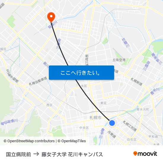 国立病院前 to 藤女子大学 花川キャンパス map