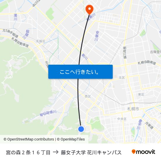 宮の森２条１６丁目 to 藤女子大学 花川キャンパス map