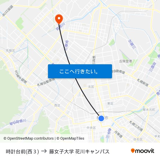 時計台前(西３) to 藤女子大学 花川キャンパス map