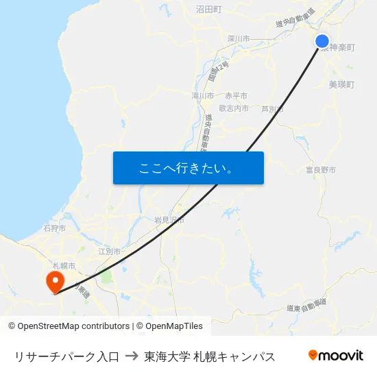 リサーチパーク入口 to 東海大学 札幌キャンパス map