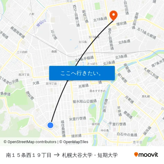 南１５条西１９丁目 to 札幌大谷大学・短期大学 map