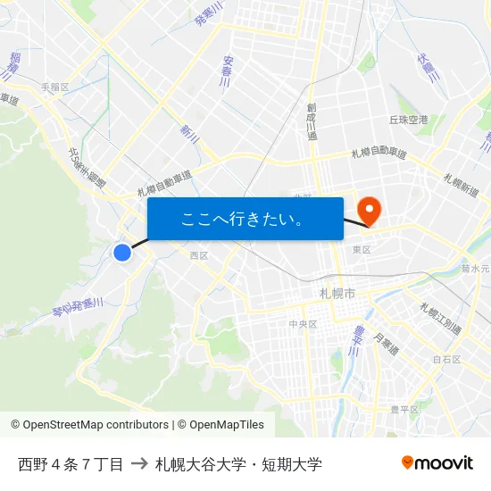 西野４条７丁目 to 札幌大谷大学・短期大学 map