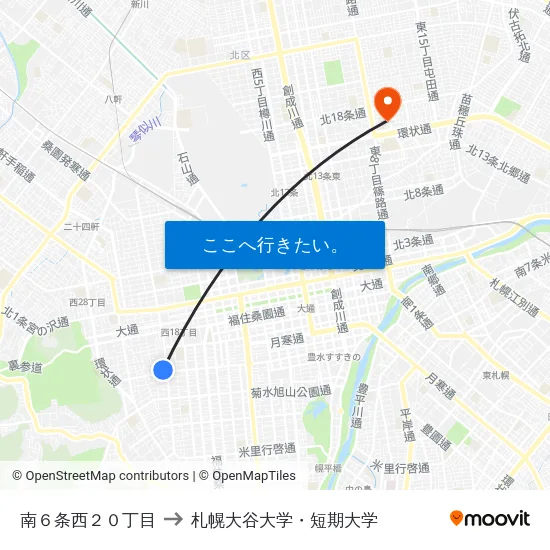 南６条西２０丁目 to 札幌大谷大学・短期大学 map