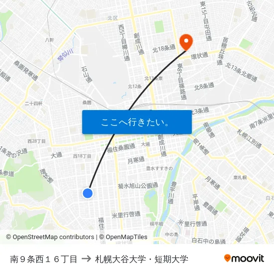 南９条西１６丁目 to 札幌大谷大学・短期大学 map