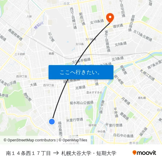 南１４条西１７丁目 to 札幌大谷大学・短期大学 map