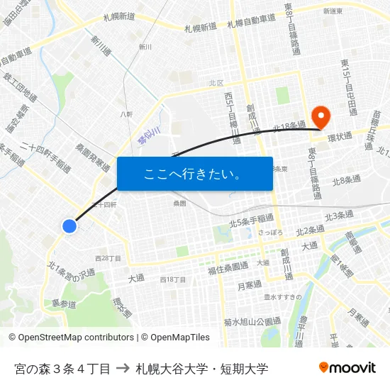 宮の森３条４丁目 to 札幌大谷大学・短期大学 map