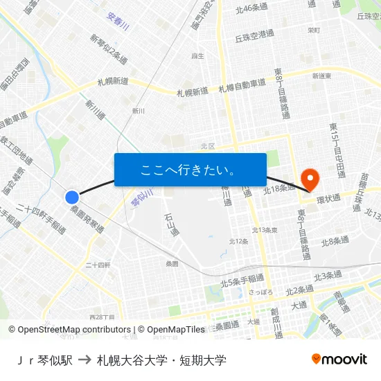 Ｊｒ琴似駅 to 札幌大谷大学・短期大学 map