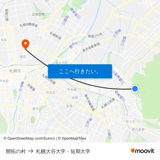 開拓の村 to 札幌大谷大学・短期大学 map
