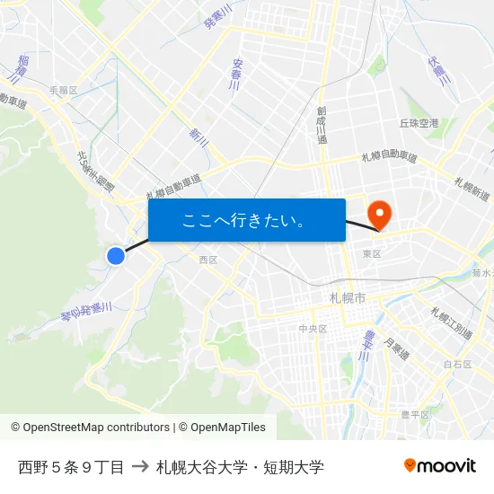 西野５条９丁目 to 札幌大谷大学・短期大学 map