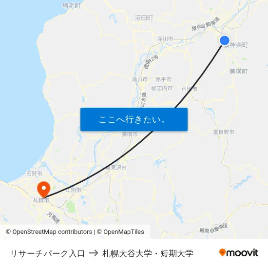 リサーチパーク入口 to 札幌大谷大学・短期大学 map