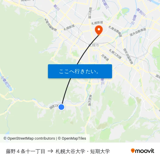 藤野４条十一丁目 to 札幌大谷大学・短期大学 map