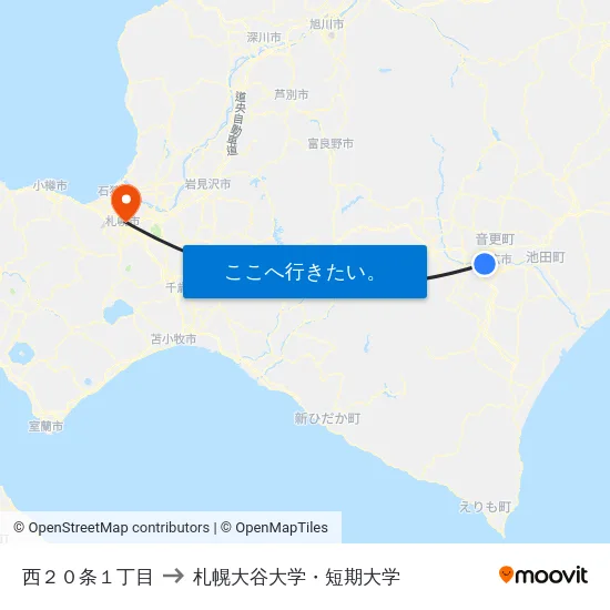 西２０条１丁目 to 札幌大谷大学・短期大学 map