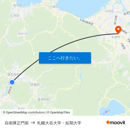 自衛隊正門前 to 札幌大谷大学・短期大学 map