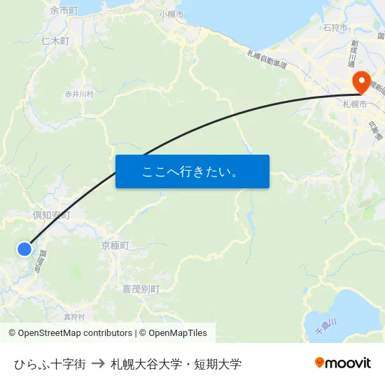 ひらふ十字街 to 札幌大谷大学・短期大学 map
