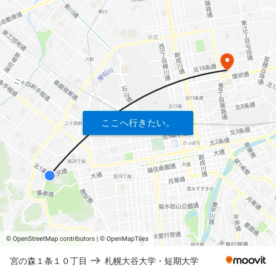 宮の森１条１０丁目 to 札幌大谷大学・短期大学 map