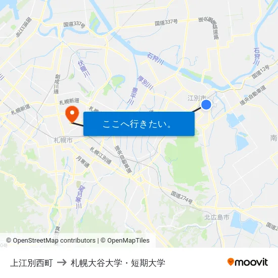 上江別西町 to 札幌大谷大学・短期大学 map