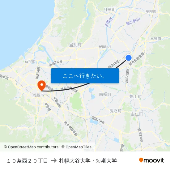 １０条西２０丁目 to 札幌大谷大学・短期大学 map