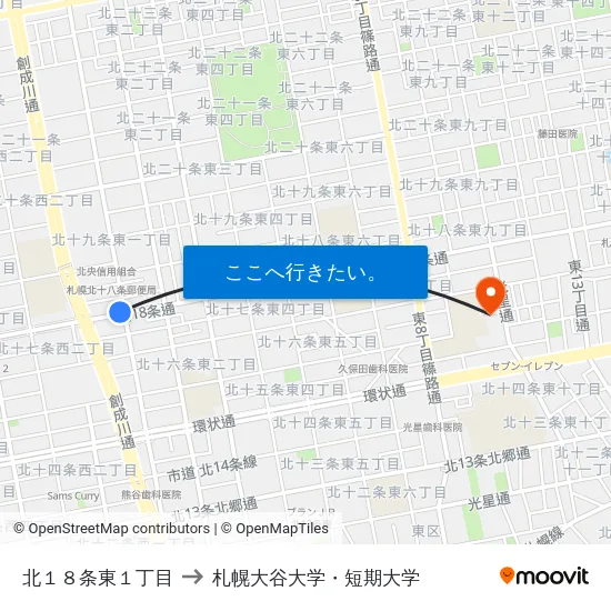 北１８条東１丁目 to 札幌大谷大学・短期大学 map