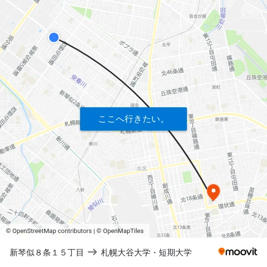 新琴似８条１５丁目 to 札幌大谷大学・短期大学 map