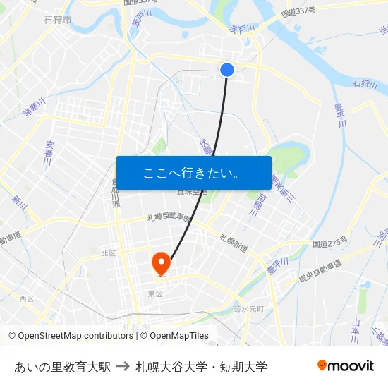 あいの里教育大駅 to 札幌大谷大学・短期大学 map