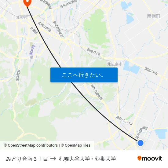 みどり台南３丁目 to 札幌大谷大学・短期大学 map