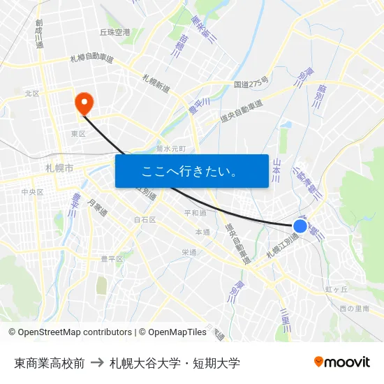 東商業高校前 to 札幌大谷大学・短期大学 map