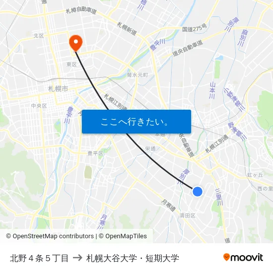 北野４条５丁目 to 札幌大谷大学・短期大学 map