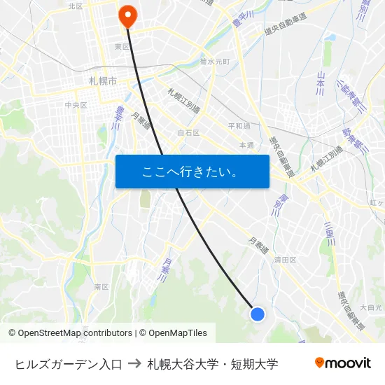ヒルズガーデン入口 to 札幌大谷大学・短期大学 map