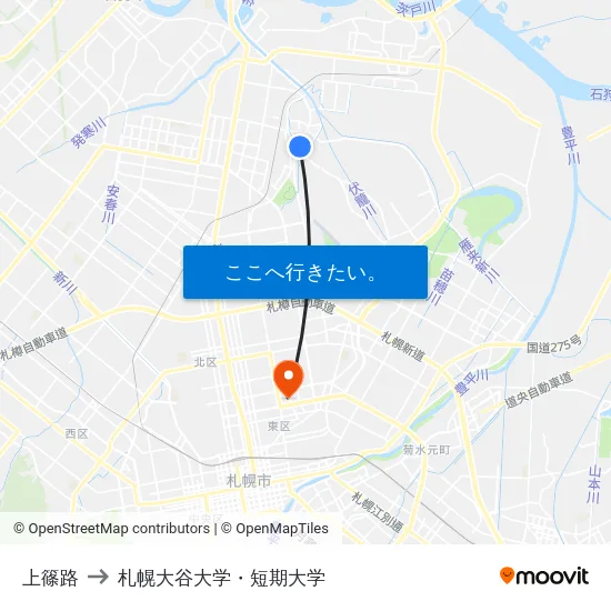 上篠路 to 札幌大谷大学・短期大学 map