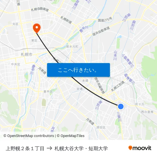 上野幌２条１丁目 to 札幌大谷大学・短期大学 map