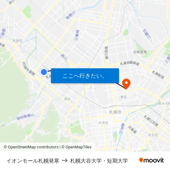 イオンモール札幌発寒 to 札幌大谷大学・短期大学 map