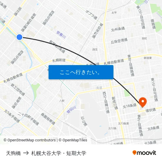 天狗橋 to 札幌大谷大学・短期大学 map