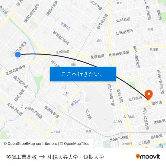 琴似工業高校 to 札幌大谷大学・短期大学 map